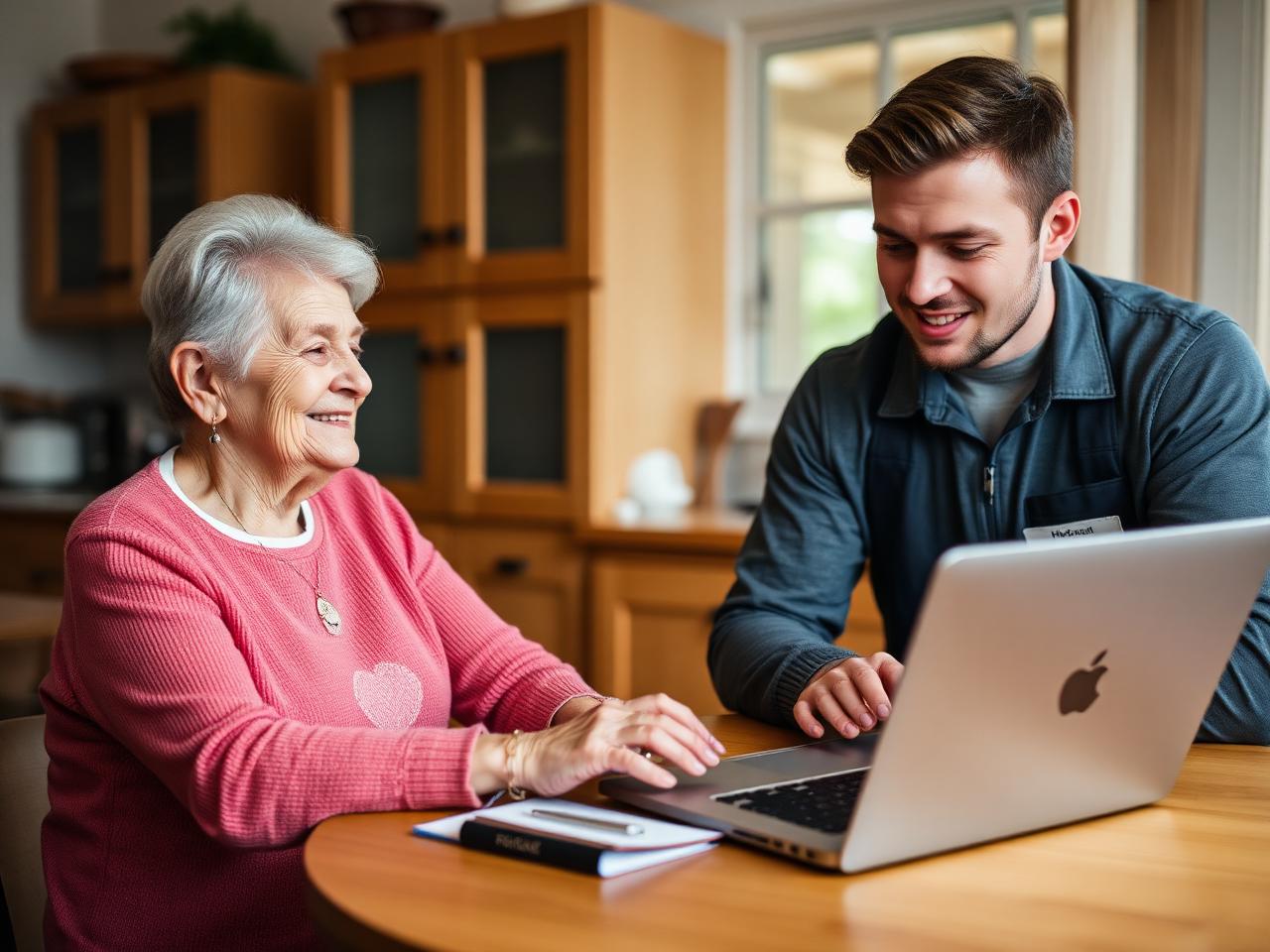 Vriendelijke ICT'er helpt een mevrouw aan tafel met haar laptop