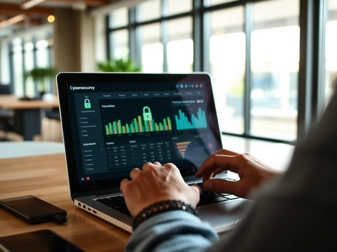 Persoon werkt op laptop met cybersecurity dashboard