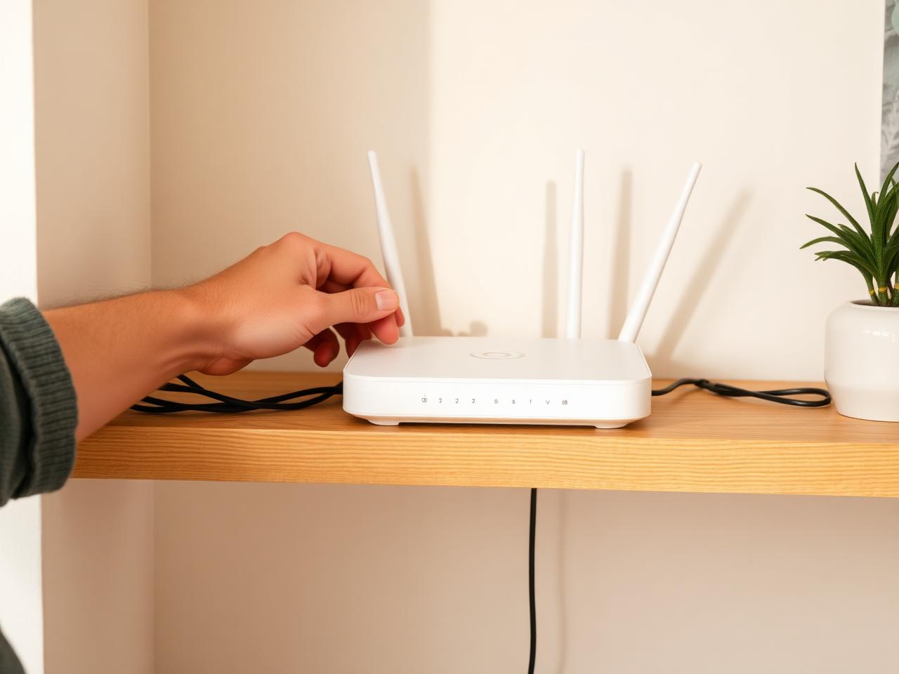 Hand installeert een wifi-router op een houten plank